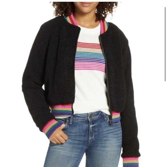 Spiritual Gangster Cropped Furry Bomber Zip Jacket Rainbow Trim Black Size Large - Picture 3 of 12